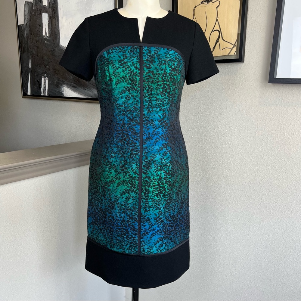 RICKIE FREEMAN FOR TERI JON blue green black metallic jacquard sheath dress